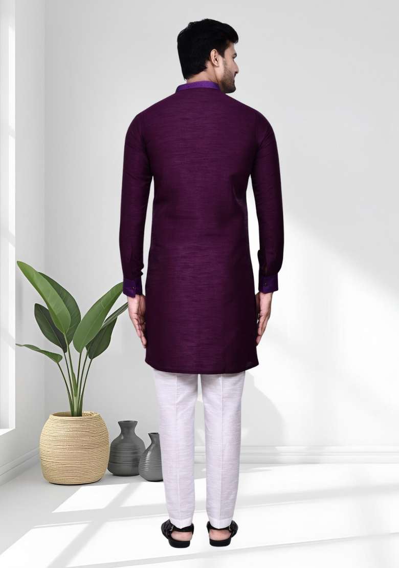 Purple Solid Silk Blend Kurta Set For Men - Indya