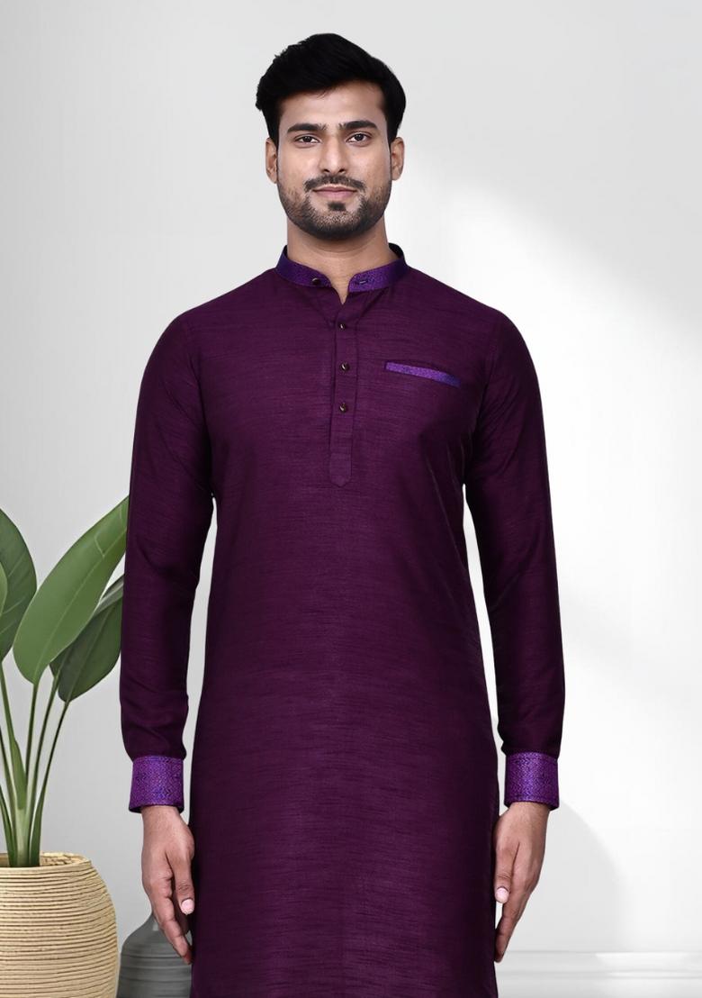 Purple Solid Silk Kurta Set For Men - Indya