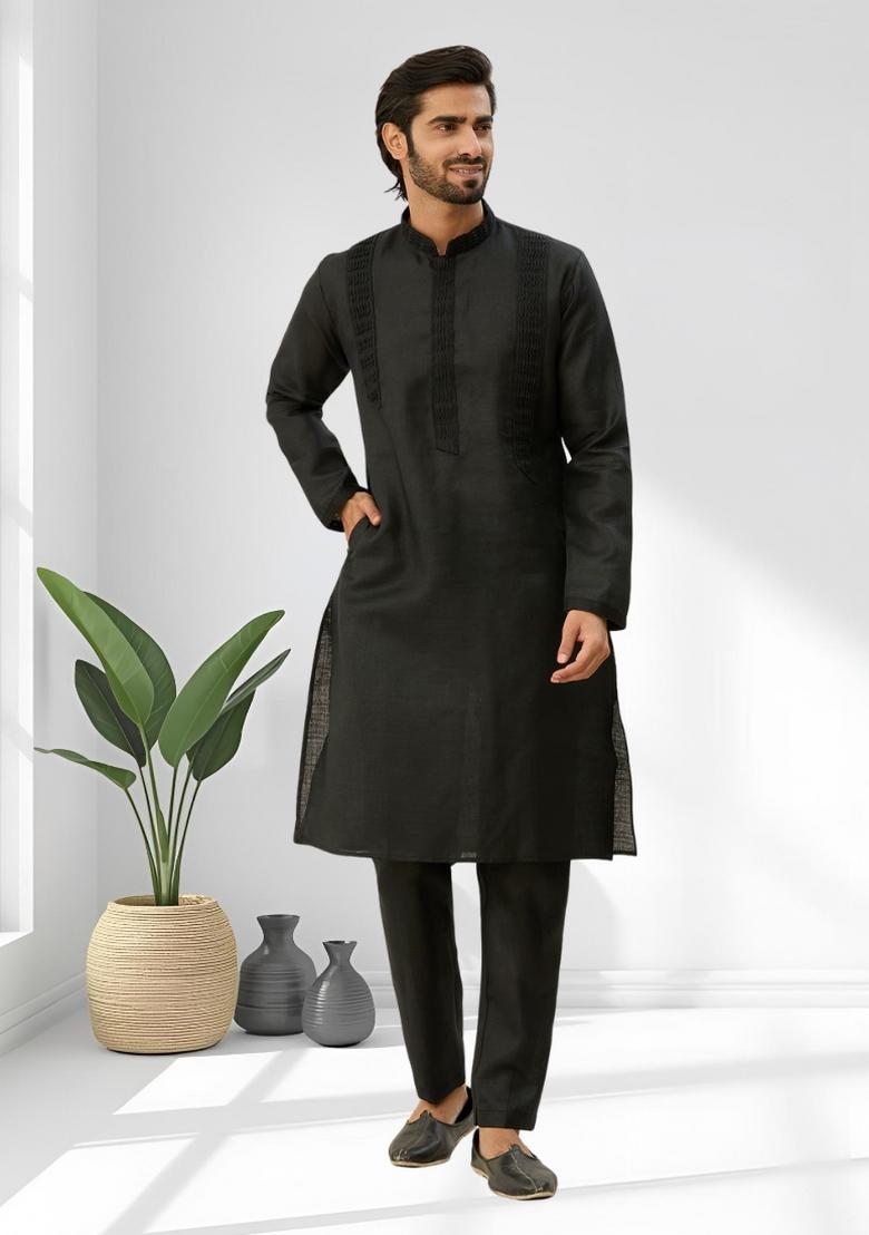 Black Solid Silk Kurta Set For Men - Indya