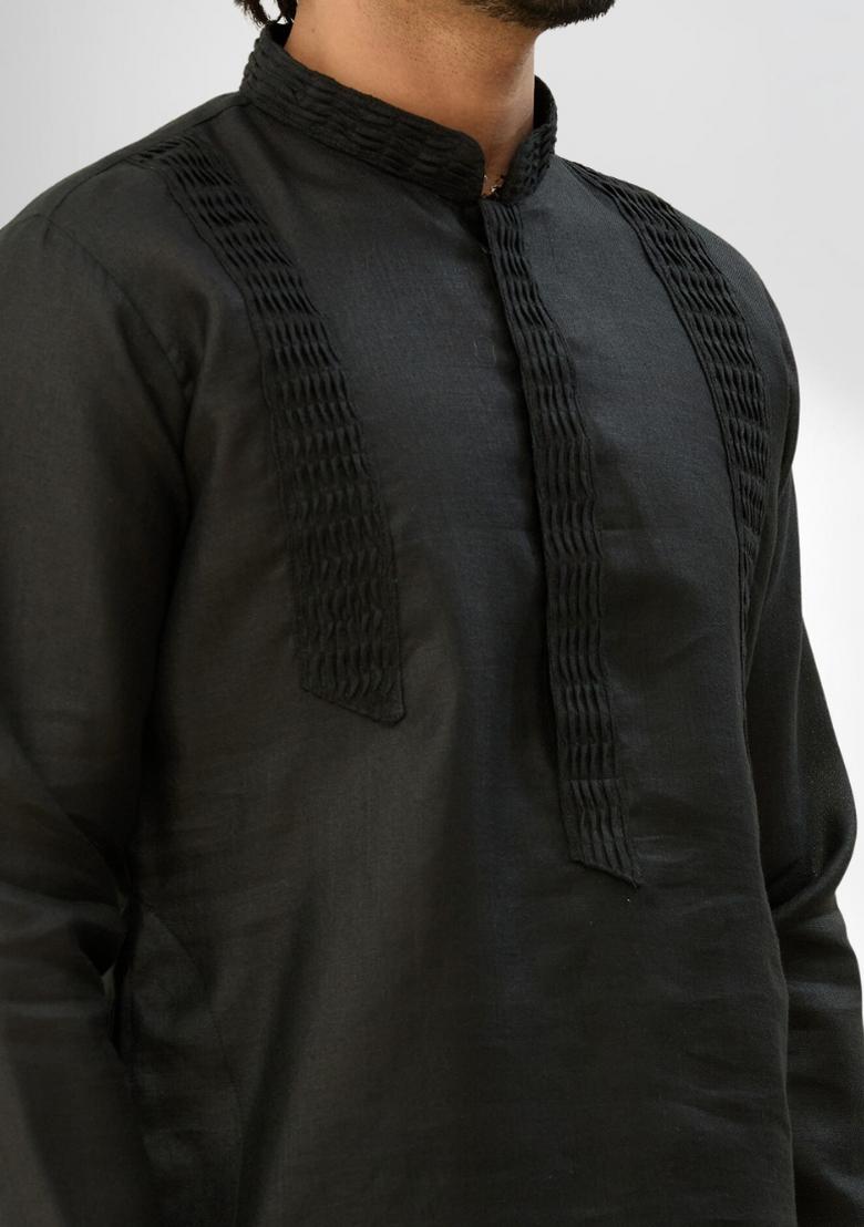 Black Solid Silk Kurta Set For Men - Indya