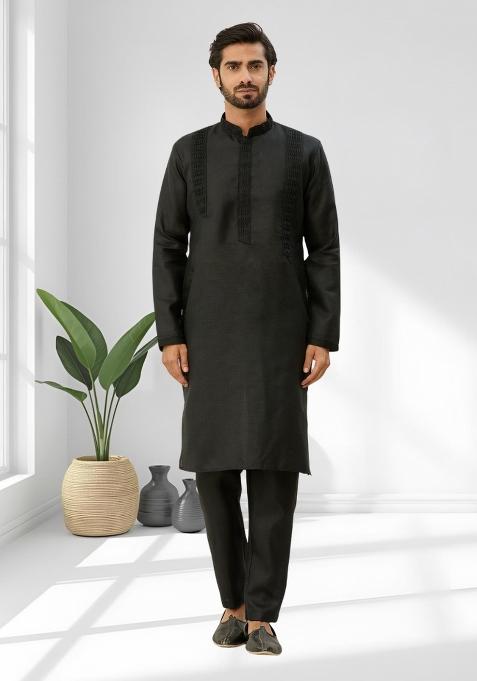 Black Solid Silk Kurta Set For Men