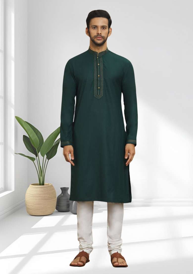 Green Solid Silk Blend Kurta Set For Men - Indya