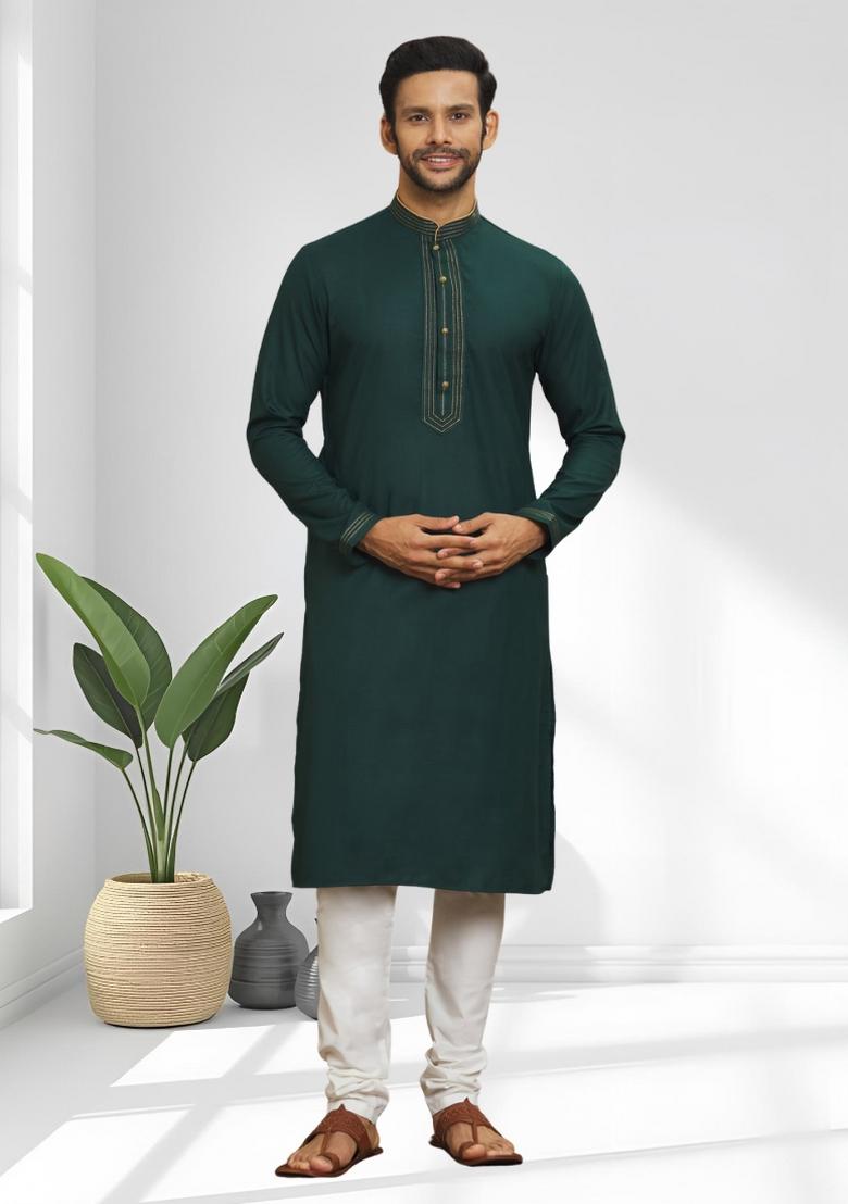 Green Solid Silk Kurta Set For Men - Indya