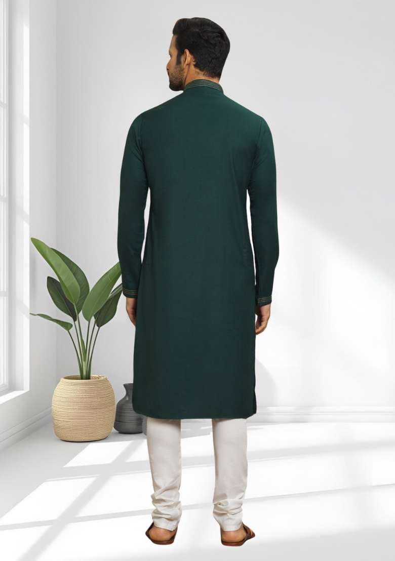 Green Solid Silk Blend Kurta Set For Men - Indya