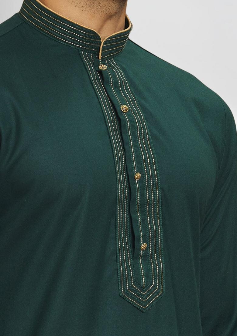 Green Solid Silk Kurta Set For Men - Indya
