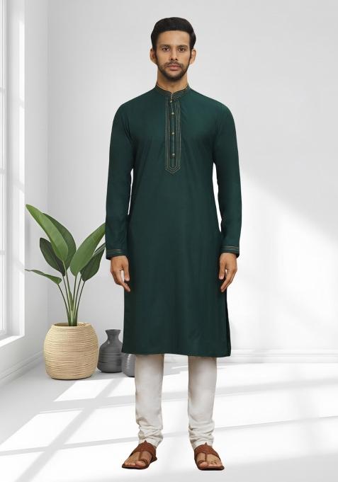 Green Solid Silk Blend Kurta Set For Men