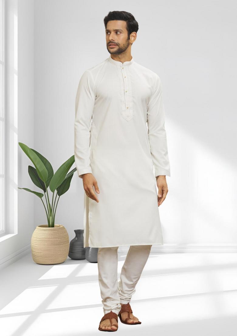 Off White Solid Silk Kurta Set For Men - Indya