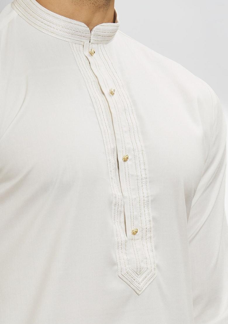Off White Solid Silk Kurta Set For Men - Indya