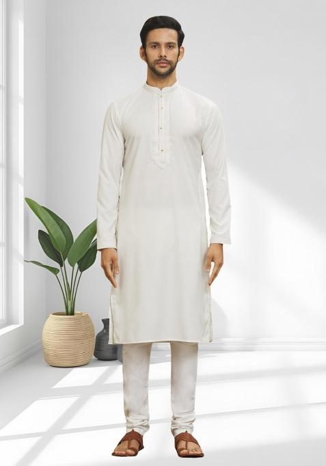 Off White Solid Silk Blend Kurta Set For Men