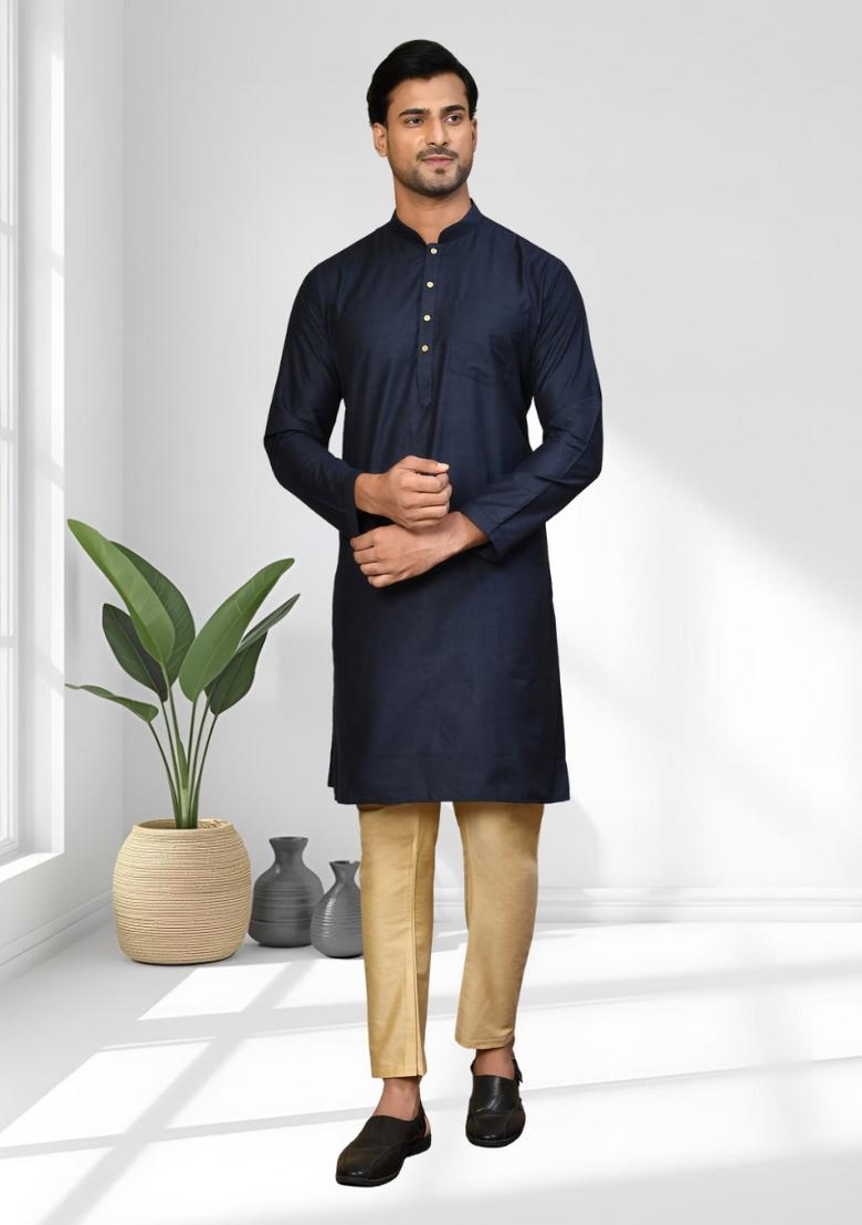Navy Blue Solid Silk Kurta Set For Men - Indya