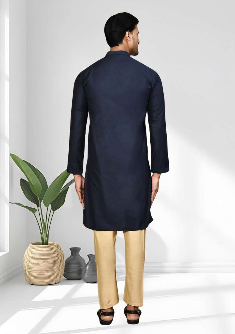 Navy Blue Solid Silk Blend Kurta Set For Men - Indya