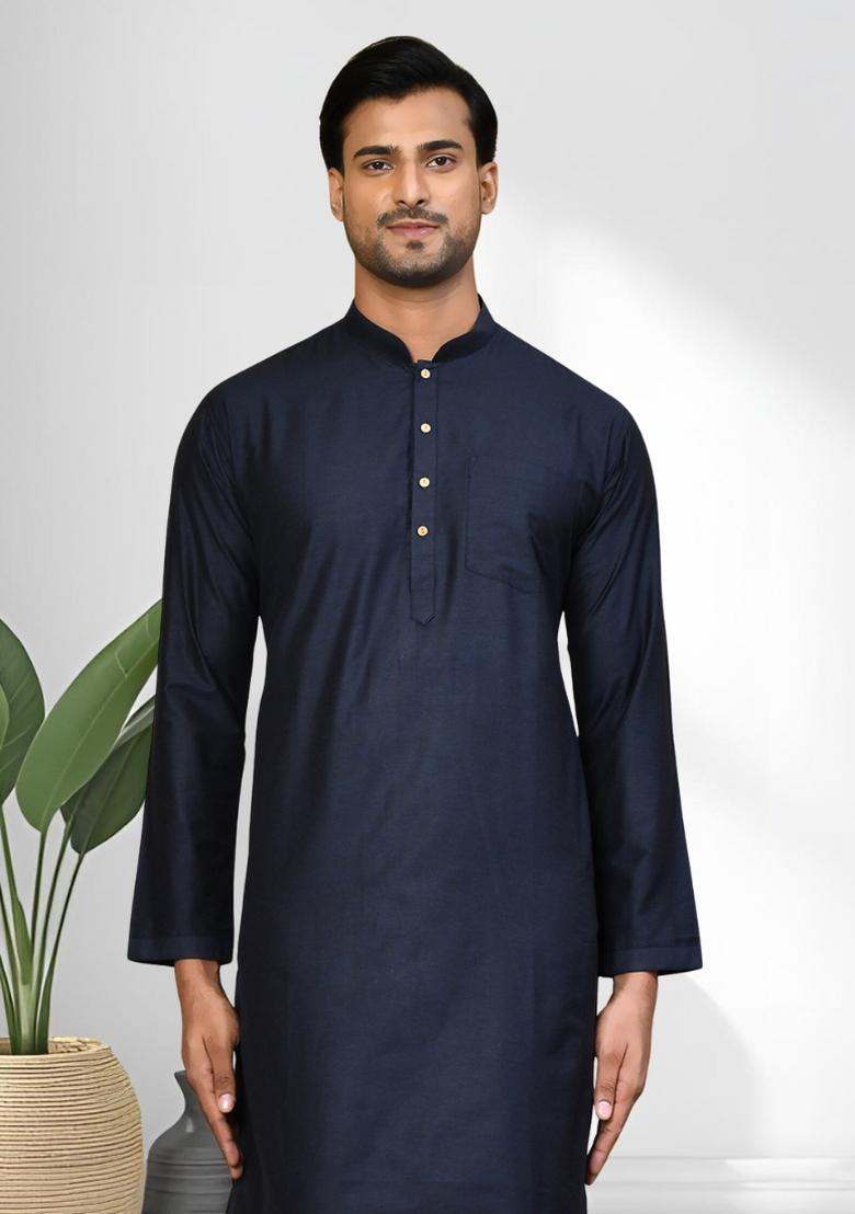 Navy Blue Solid Silk Kurta Set For Men - Indya