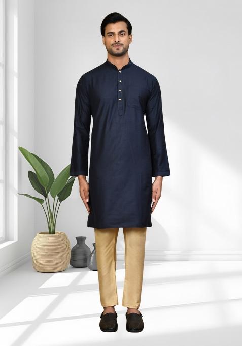 Navy Blue Solid Silk Blend Kurta Set For Men
