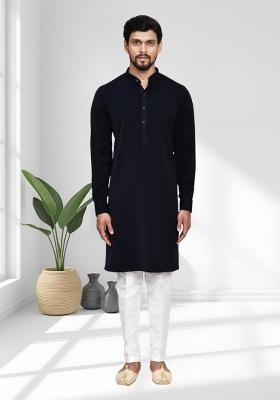 Navy Blue Solid Terry Rayon Kurta Set For Men