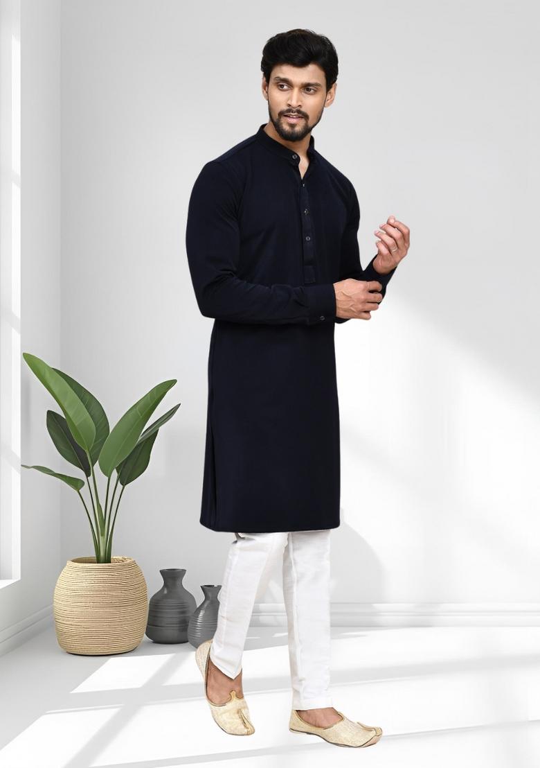 Navy Blue Solid Terry Rayon Kurta Set For Men - Indya