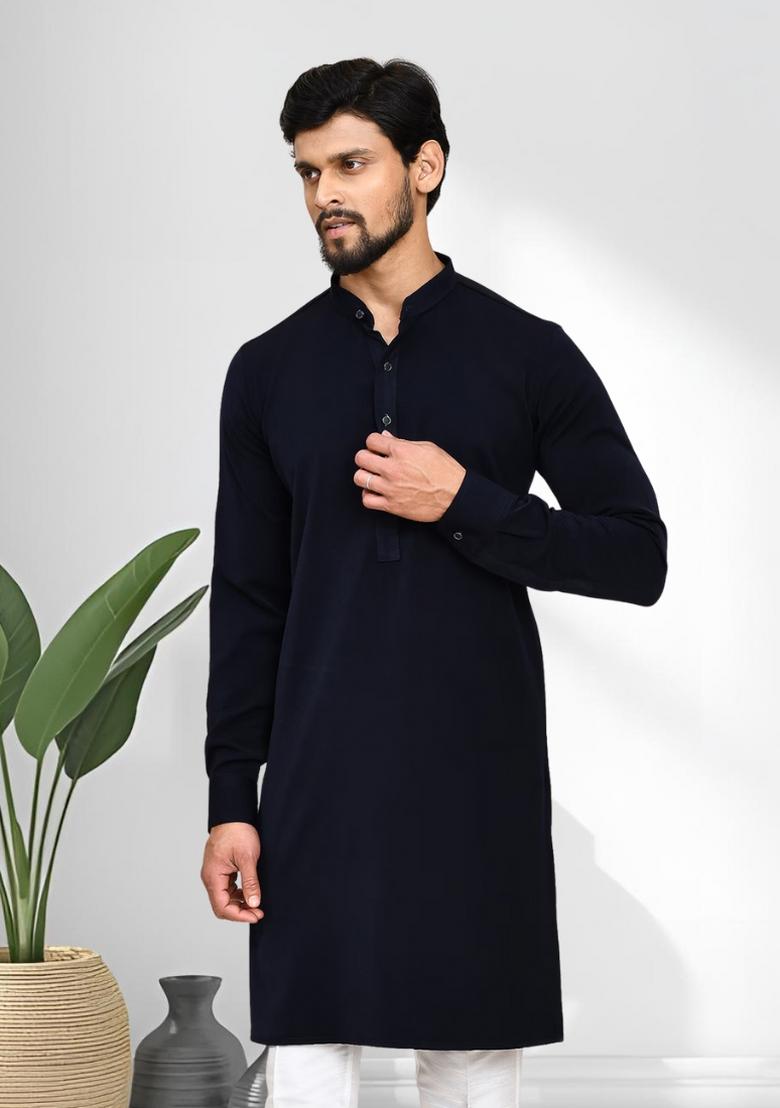 Navy Blue Solid Terry Rayon Kurta Set For Men - Indya
