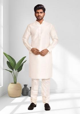 Cream Solid Silk Kurta Set For Men