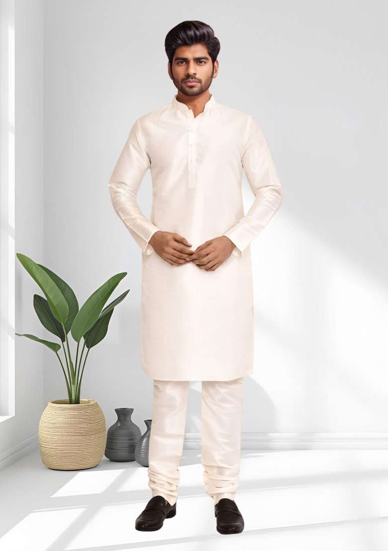 Cream Solid Silk Blend Kurta Set For Men - Indya