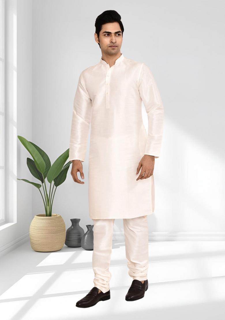 Cream Solid Silk Kurta Set For Men - Indya