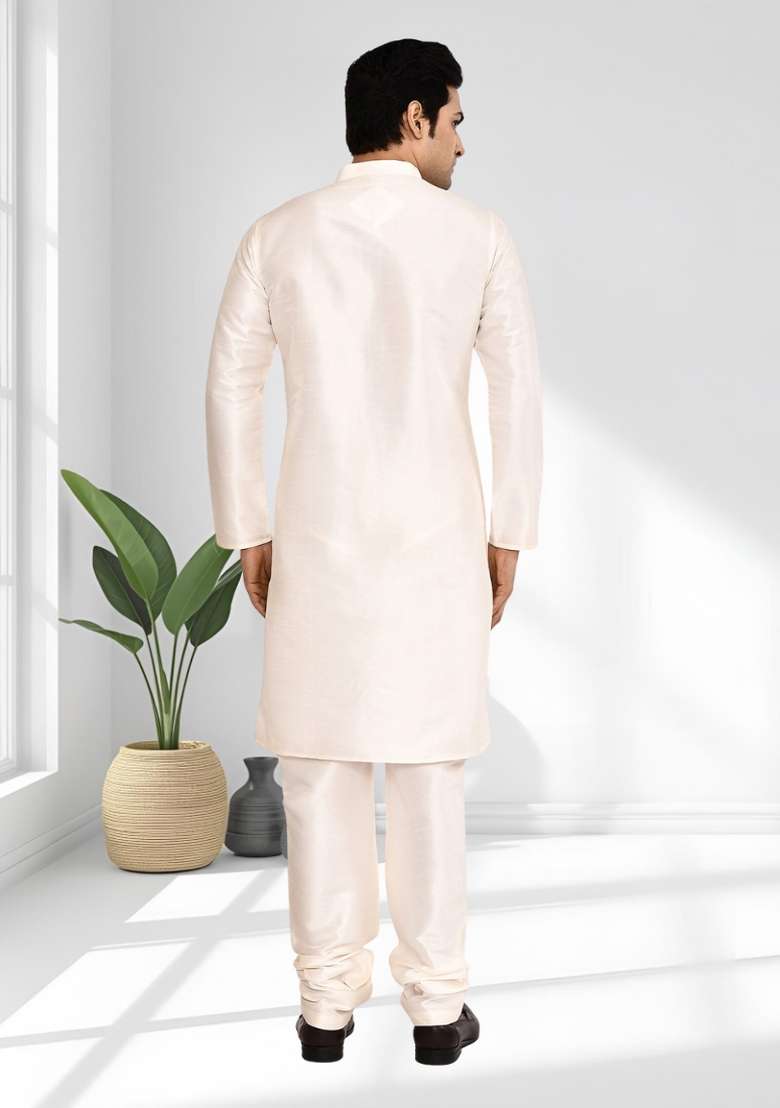 Cream Solid Silk Blend Kurta Set For Men - Indya
