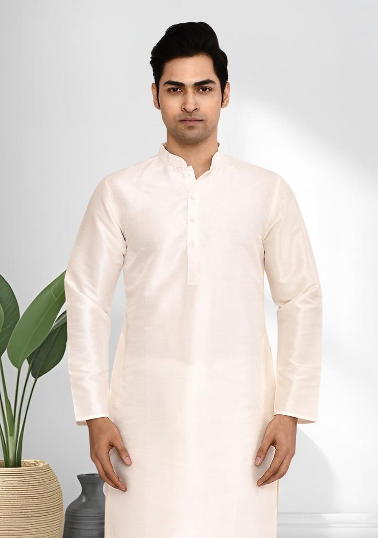 Cream Solid Silk Kurta Set For Men - Indya