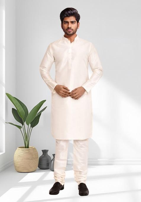 Cream Solid Silk Kurta Set For Men