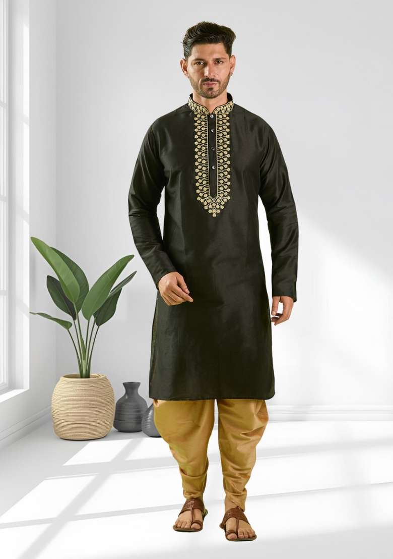 Black Solid Silk Blend Kurta Set For Men - Indya
