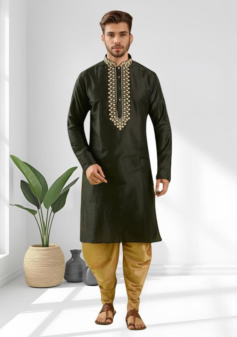Black Solid Silk Kurta Set For Men - Indya