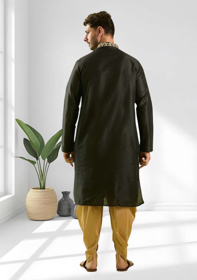 Black Solid Silk Blend Kurta Set For Men - Indya