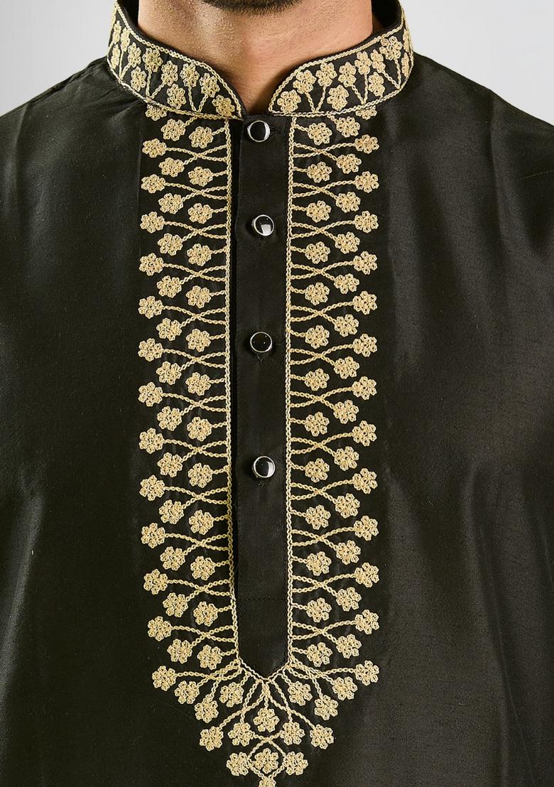 Black Solid Silk Kurta Set For Men - Indya