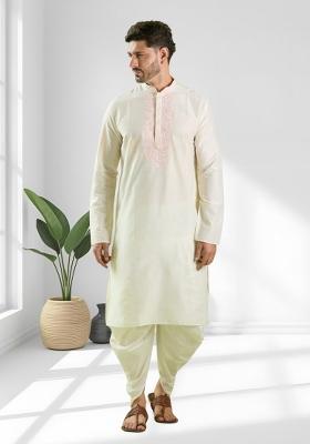 Cream Solid Silk Kurta Set For Men