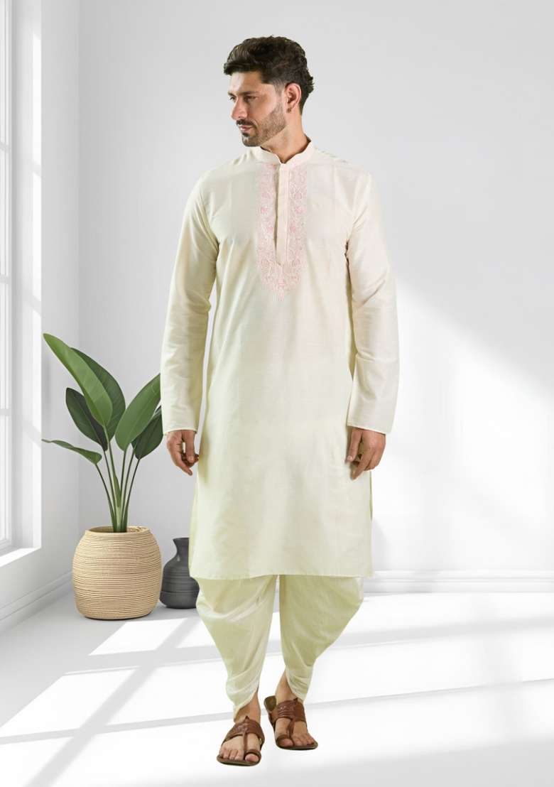Cream Solid Silk Blend Kurta Set For Men - Indya