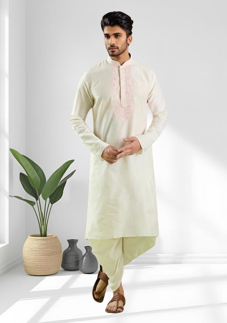 Cream Solid Silk Kurta Set For Men - Indya