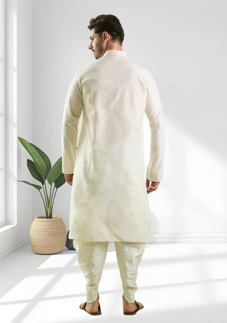 Cream Solid Silk Blend Kurta Set For Men - Indya