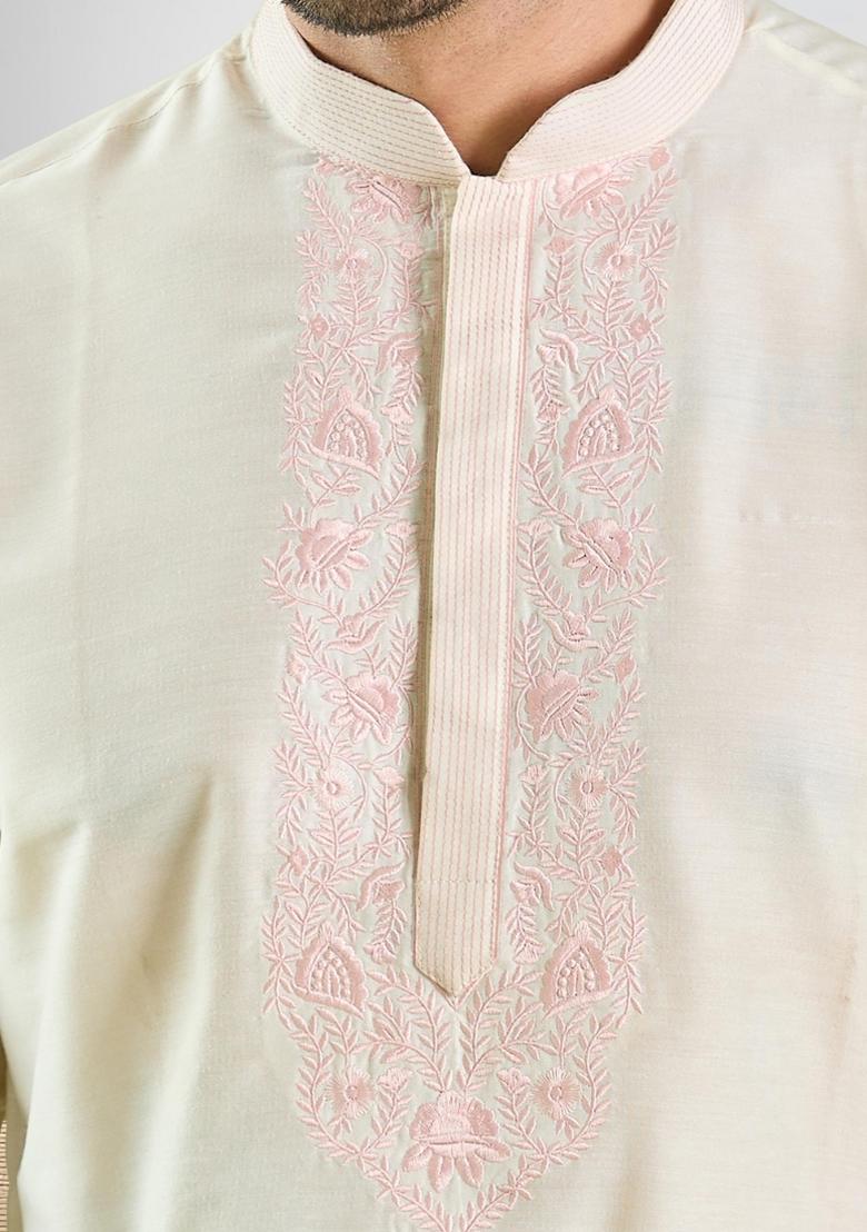 Cream Solid Silk Kurta Set For Men - Indya