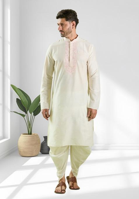 Cream Solid Silk Kurta Set For Men