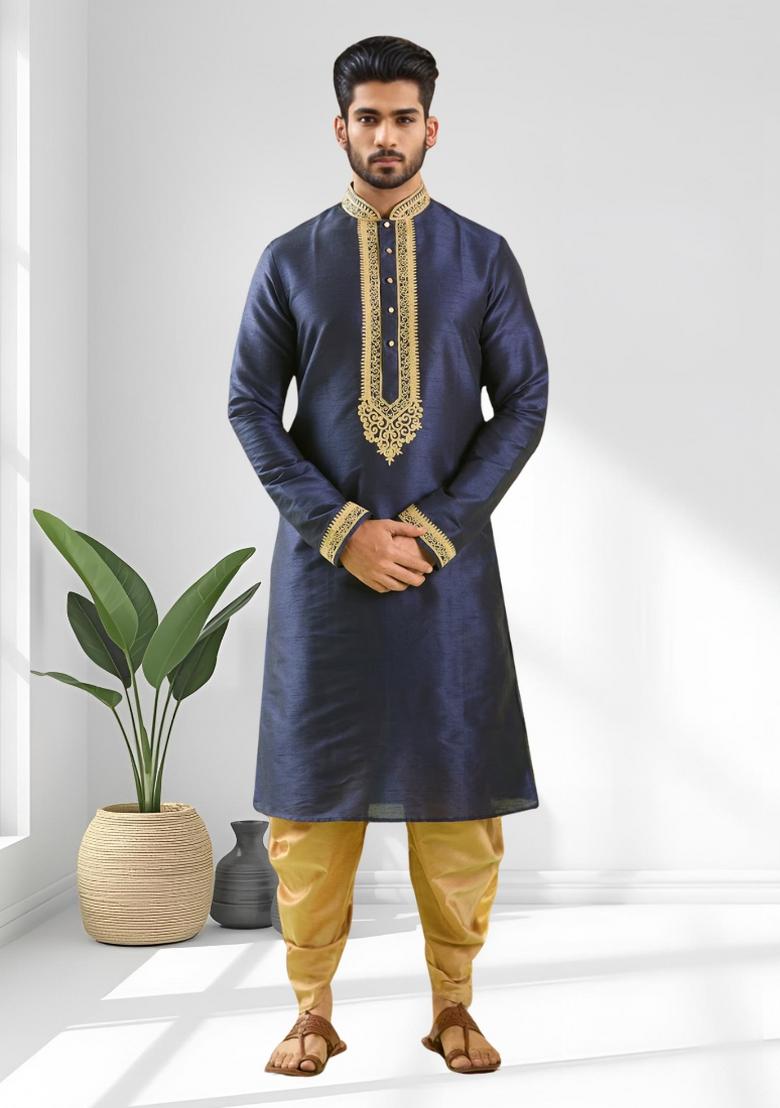 Navy Blue Solid Silk Kurta Set For Men - Indya