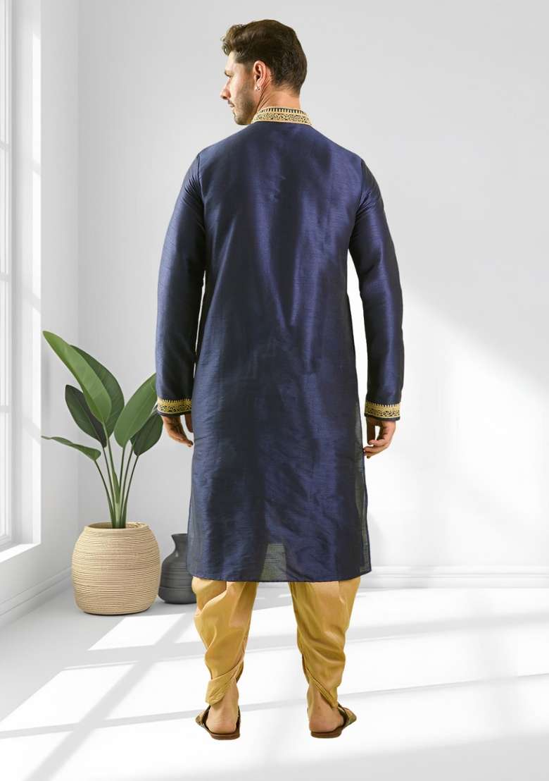 Navy Blue Solid Silk Blend Kurta Set For Men - Indya