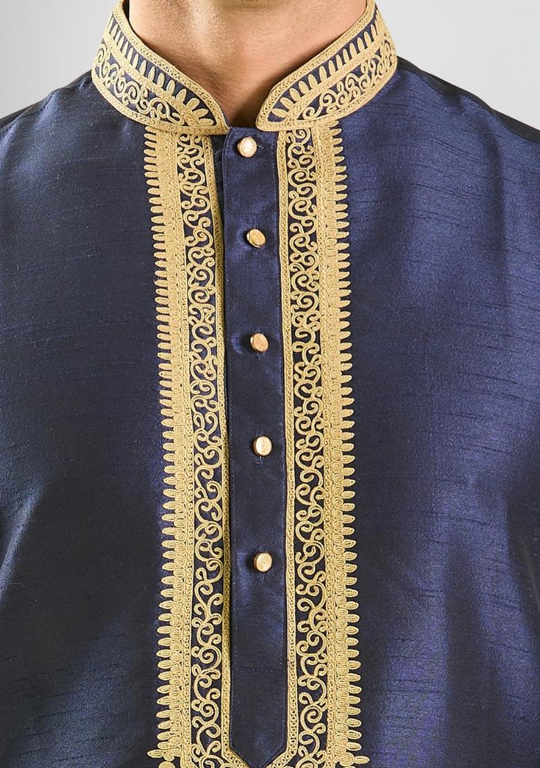Navy Blue Solid Silk Kurta Set For Men - Indya