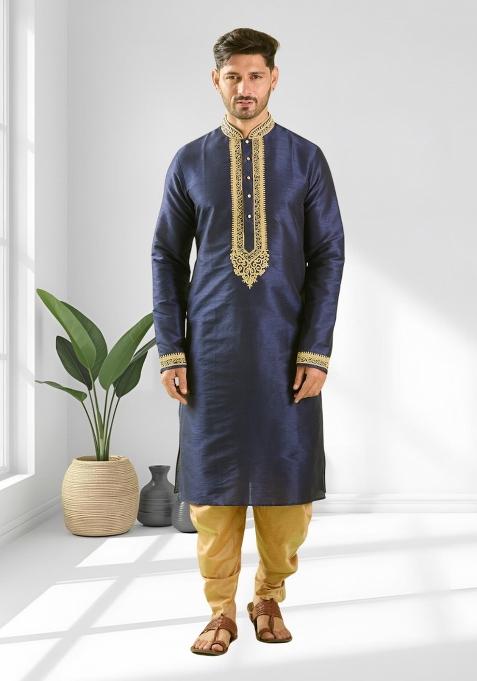 Navy Blue Solid Silk Blend Kurta Set For Men