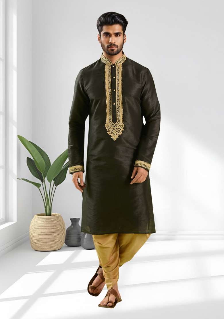 Black Solid Silk Blend Kurta Set For Men - Indya