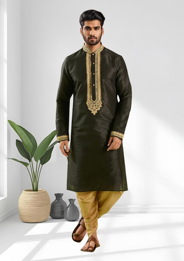 Black Solid Silk Kurta Set For Men - Indya
