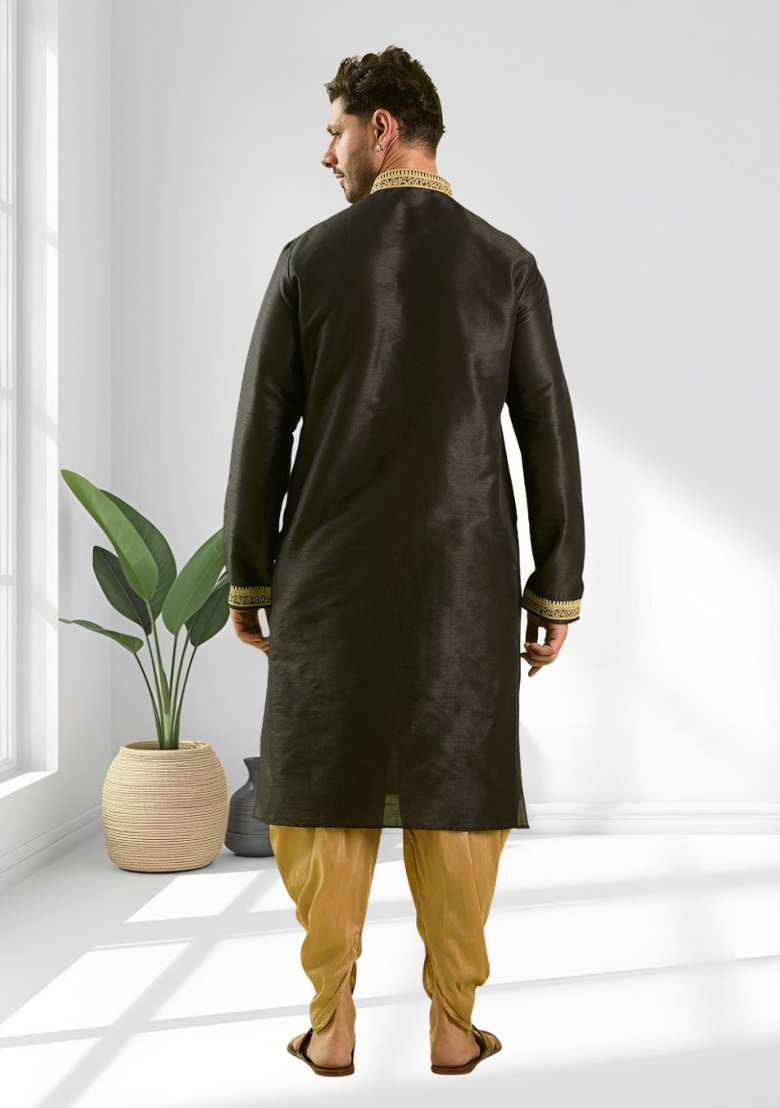 Black Solid Silk Blend Kurta Set For Men - Indya