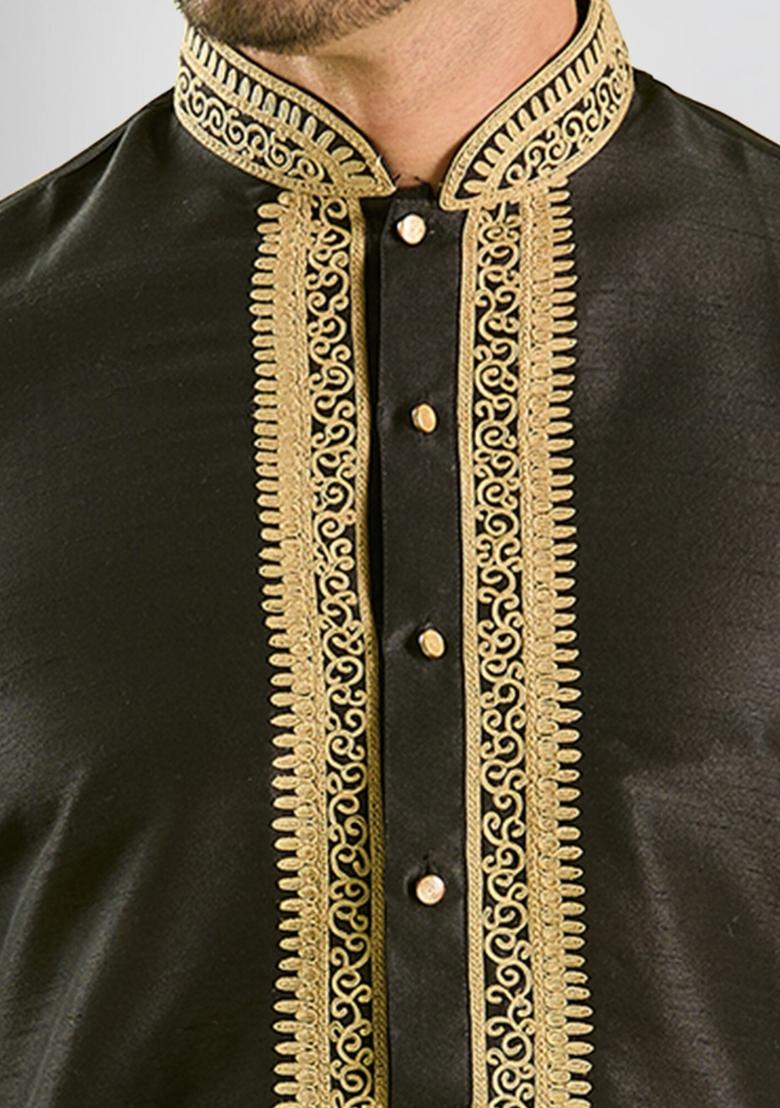 Black Solid Silk Kurta Set For Men - Indya