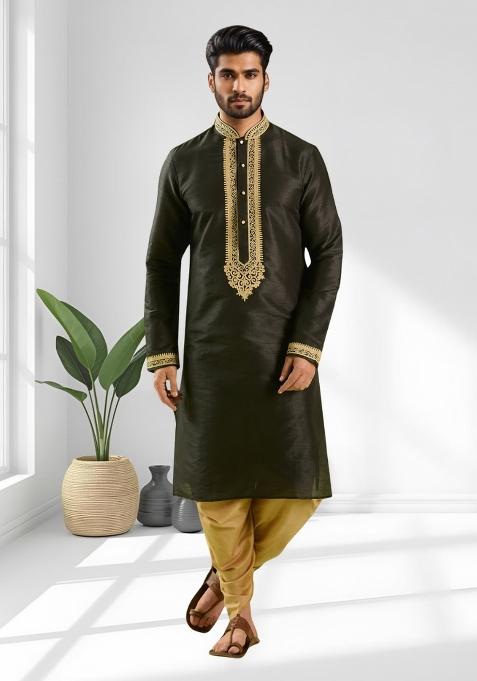 Black Solid Silk Kurta Set For Men
