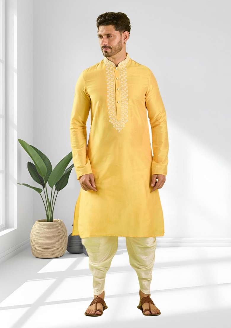 Yellow Solid Silk Blend Kurta Set For Men - Indya