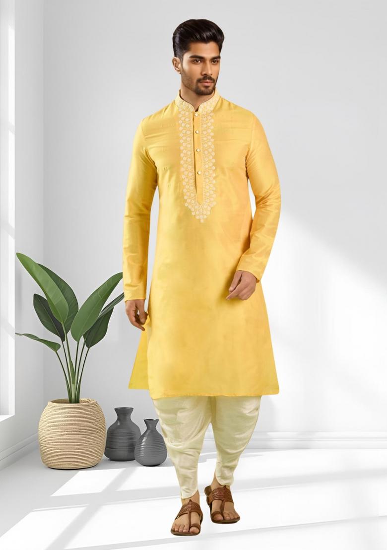 Yellow Solid Silk Kurta Set For Men - Indya