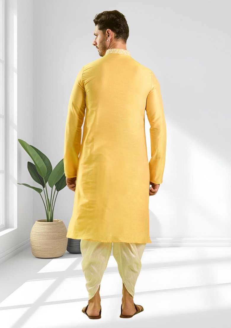 Yellow Solid Silk Blend Kurta Set For Men - Indya