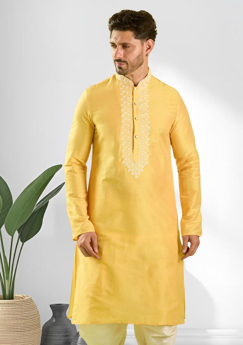 Yellow Solid Silk Kurta Set For Men - Indya