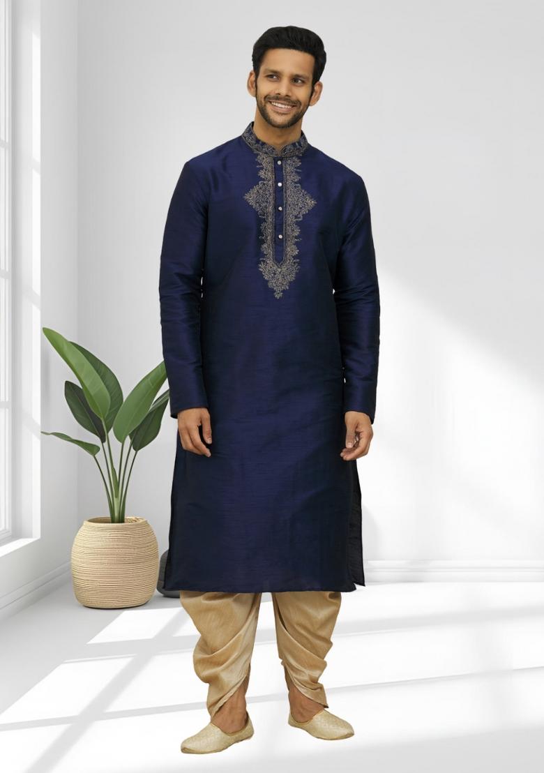 Navy Blue Solid Silk Kurta Set For Men - Indya